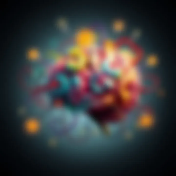 A colorful brain surrounded by swirling thoughts and light bulbs, symbolizing the connection between chaotic thinking and creative ideas.