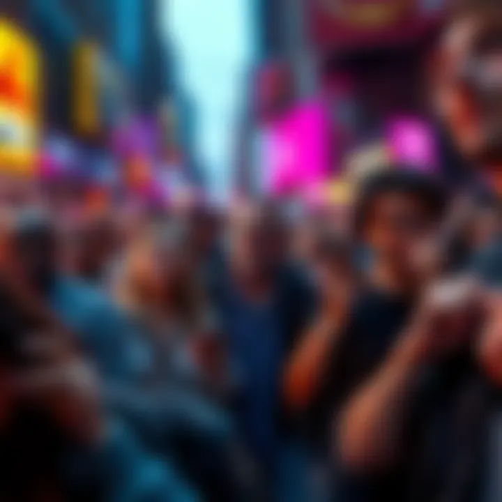 Crowd of people reacting to sudden news with expressions of shock and confusion, some holding phones, while others discuss animatedly.