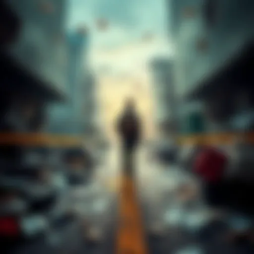 A person standing at a messy crossroads, symbolizing the unpredictable nature of life with torn paper and scattered belongings around them.