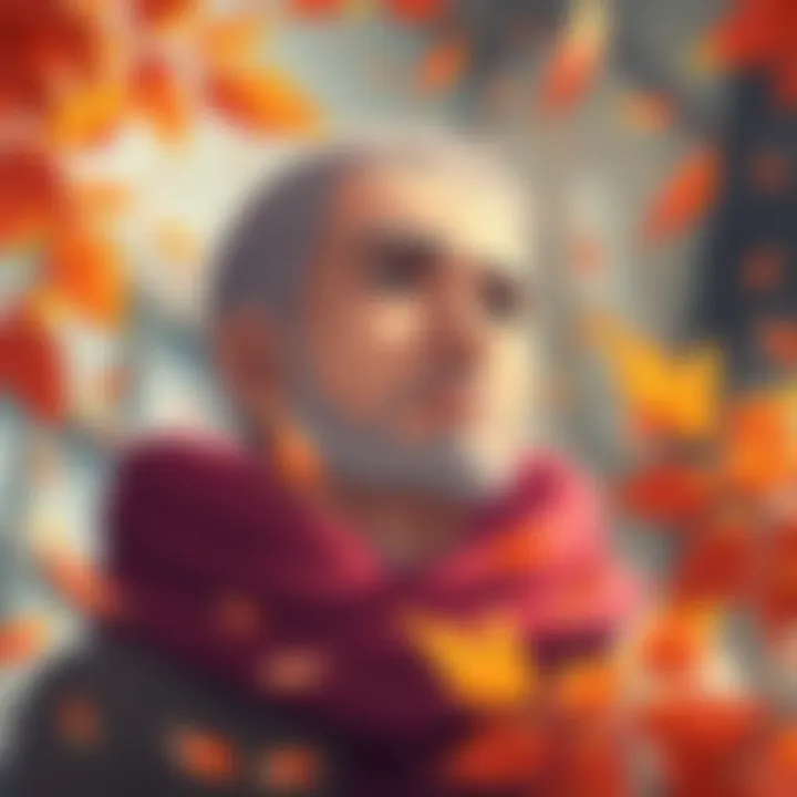 Chapter 32 Cover Illustration A character from My Heart Is an Old Man reflecting on life with a thoughtful expression, surrounded by autumn leaves, symbolizing change and growth.