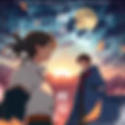 Illustration showing two main characters engaged in a tense conversation, highlighting emotional expressions and dramatic scenery in the background.