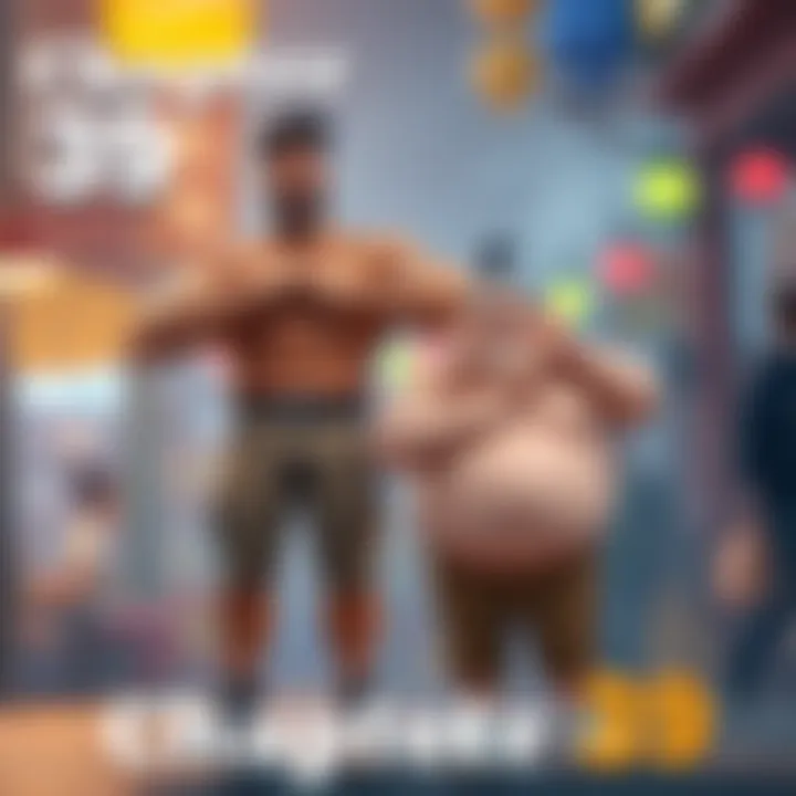 A big muscular character stands confidently beside a small chubby character, showcasing their different physiques and expressions, with a backdrop of a lively setting that hints at a playful rivalry.