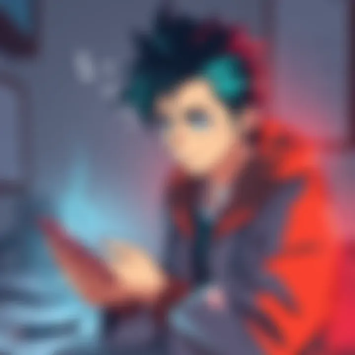 A character designer looking thoughtful while typing on a smartphone, surrounded by sketches and design notes