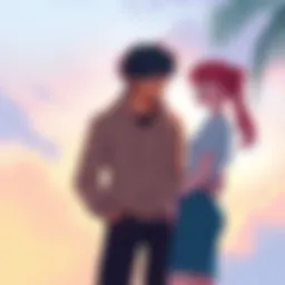 Two characters standing close, showing a range of emotions as they discuss their feelings and connections with each other, with a background of soft colors representing their evolving relationship.