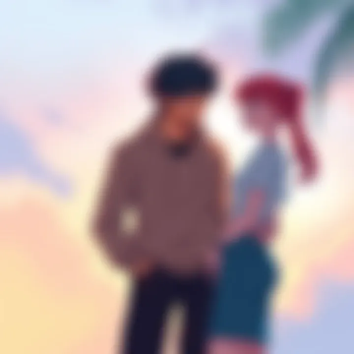 Two characters standing close, showing a range of emotions as they discuss their feelings and connections with each other, with a background of soft colors representing their evolving relationship.