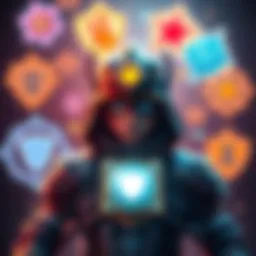 A character in a game surrounded by glowing symbols representing various stats, with a focus on defense.