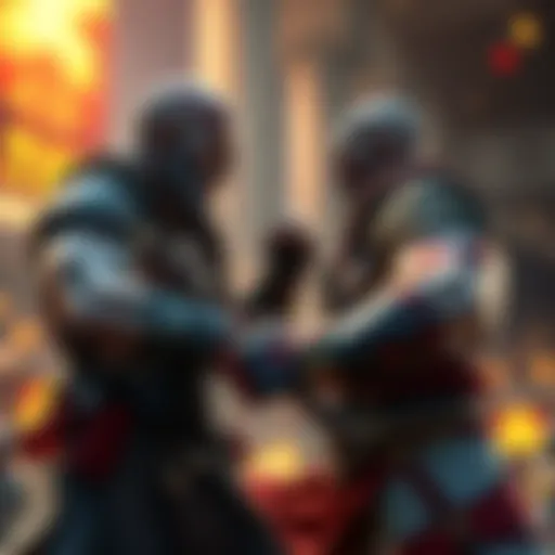 Character Battling Kratos A fictional character facing Kratos in an intense fight scene, showcasing both characters in combat stance, highlighting their strengths and abilities.