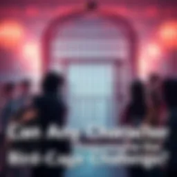 A fictional character stands in front of a large bird cage, looking determined to find a way to break through it, surrounded by curious onlookers.