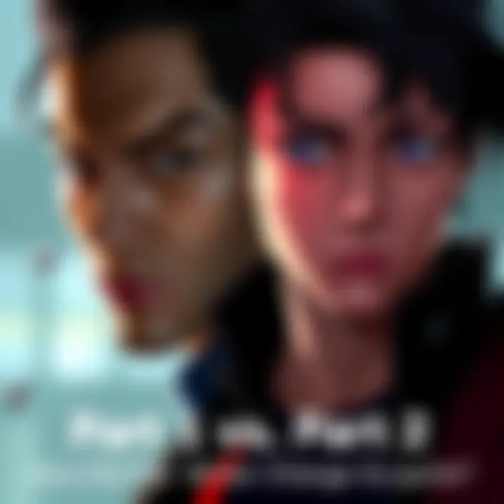 A side-by-side comparison of two main characters from the series, showing their different appearances and expressions. One character looks serious and mature while the other appears youthful and confu...