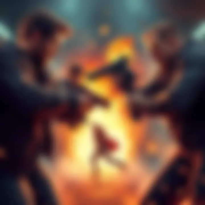 A tense moment showing characters in a dramatic standoff, highlighting their emotions and conflicts