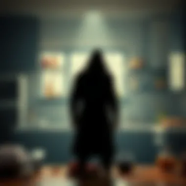 Character in Cooking Debate A shadowy figure standing in a kitchen, contemplating the ethics of cooking. Ingredients are scattered around.
