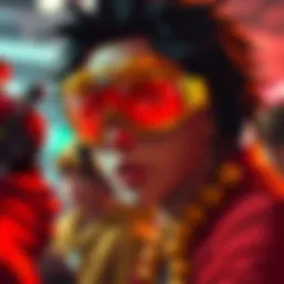 Fans debating between red and gold colors for a character design, with goggles in focus for anime adaptation.