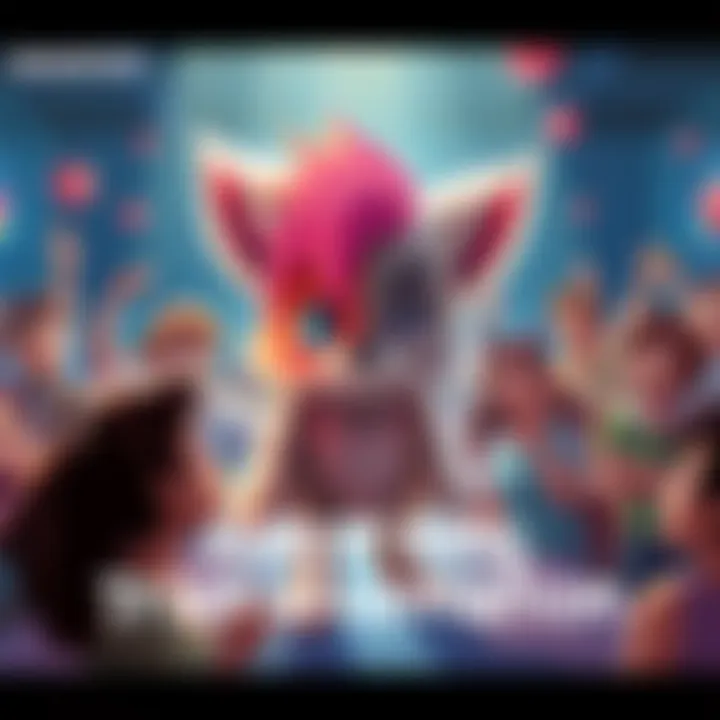 A vibrant illustration showing a character in transition from cute and furry to a more sleek, modern design, surrounded by fans reacting with mixed emotions.