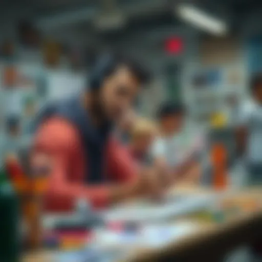 Character Design Workshop An artist sketches characters with distinct traits and colorful designs at a workshop.