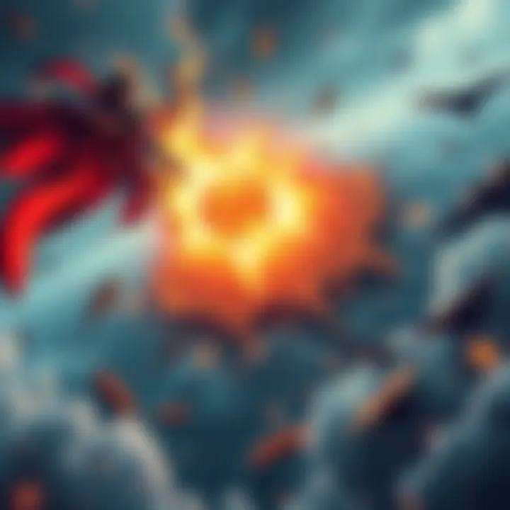 A powerful character unleashes energy that threatens to destroy a large landmass, symbolizing the destruction of Asia.