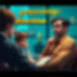 A character engaging in a conversation about leadership skills with a thoughtful expression