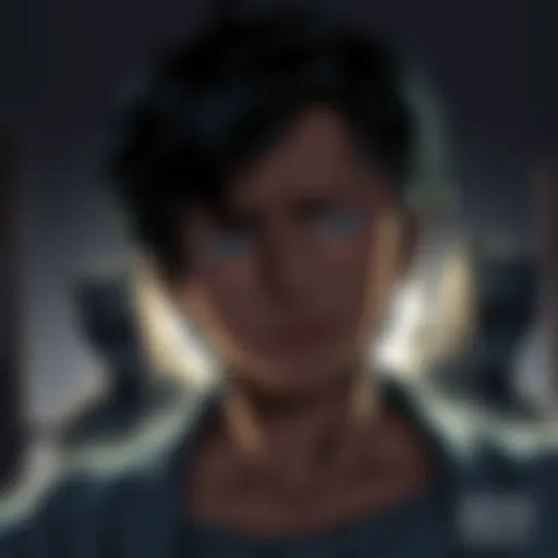 A manga character with a sad expression, surrounded by shadowy figures representing their tragic backstory, emphasizing emotional depth.