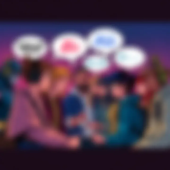 A group of fans discussing unique ideas about their favorite characters, with thought bubbles showing different theories, surrounded by colorful illustrations.