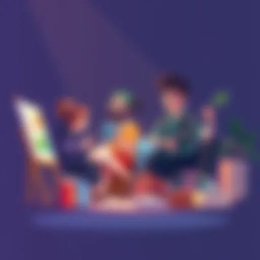 An illustration of various hobbies showing a character painting, reading, and playing music, representing character depth and personality through interests.