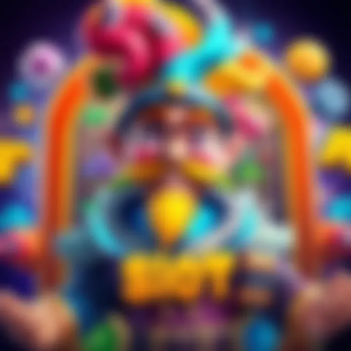 A colorful character from a game slot, featuring vibrant designs and engaging details, surrounded by game elements and DLC icons.