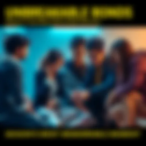 A character with an injury sitting down, surrounded by friends offering support and encouragement