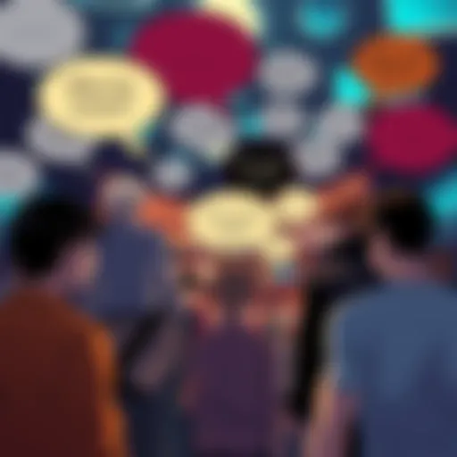 People debating the innocence of characters in a fictional narrative, with thought bubbles representing various opinions and emotions.