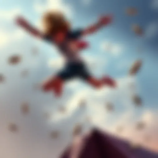 A fictional character leaping high into the air, showcasing their impressive jumping ability.