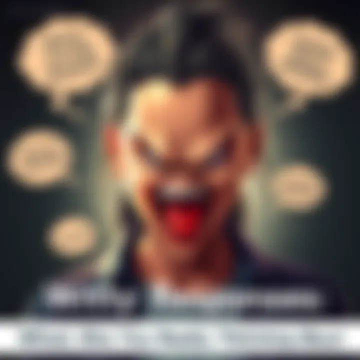 A character with a playful and menacing expression, surrounded by humorous thought bubbles depicting funny wrong answers, representing creativity and laughter.