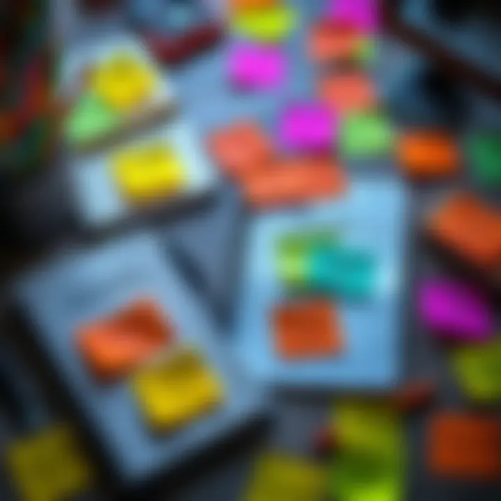 A creative workspace with notebooks and colorful sticky notes featuring various character names and ideas written on them.