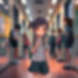 A young girl stands shyly in a school hallway, looking anxious while students chat around her, illustrating feelings of social awkwardness and loneliness.