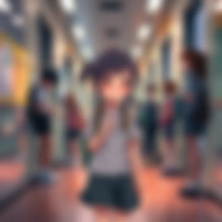 A young girl stands shyly in a school hallway, looking anxious while students chat around her, illustrating feelings of social awkwardness and loneliness.