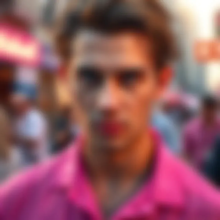 Character wearing a pink see-through shirt and blue eyes, surprising fans with his bold fashion choice.