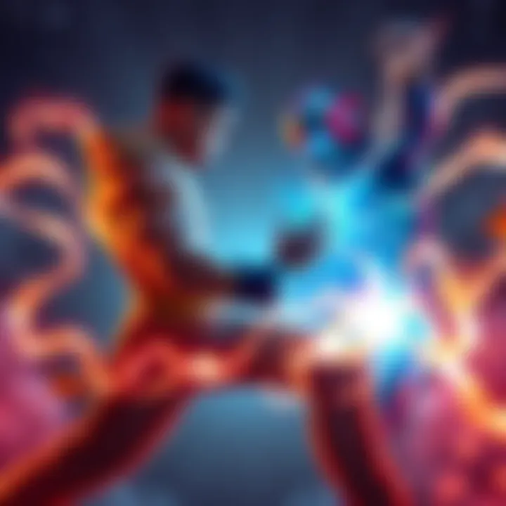 A character in a dynamic fighting pose, glowing with energy while facing an opponent, symbolizing power-ups in battles.