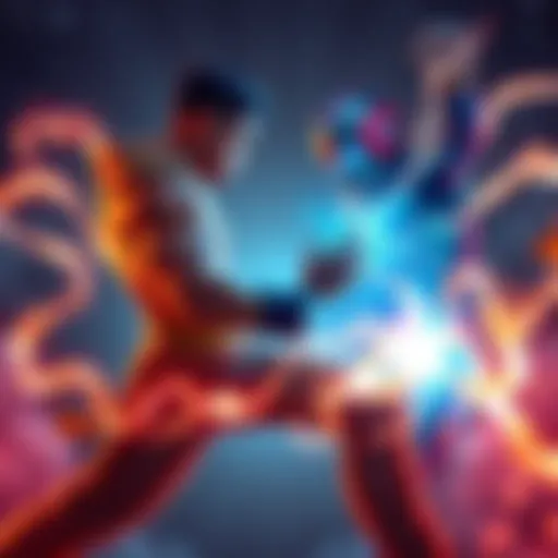 Character Power-Up Fight A character in a dynamic fighting pose, glowing with energy while facing an opponent, symbolizing power-ups in battles.