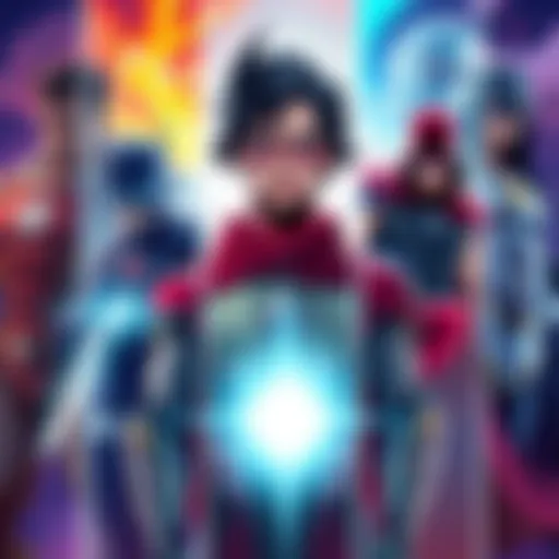 Illustration showing characters from different fictional worlds with varying power levels represented on panels, displaying their strength and abilities.