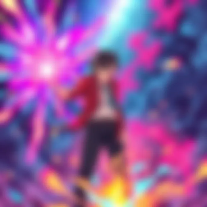 Character with psychic powers A character in a vibrant fantasy setting using psychic powers, inspired by Mob Psycho 100, surrounded by colorful energy bursts.