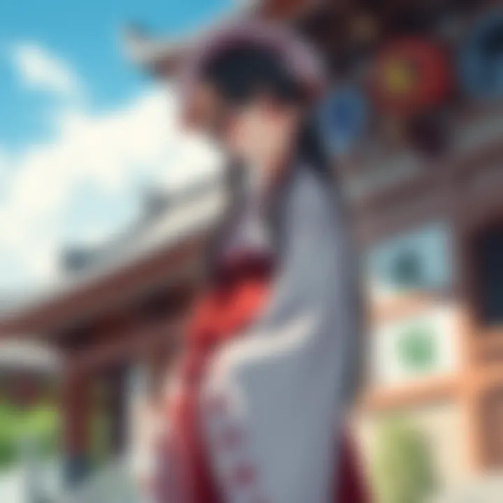 Reimu, dressed in a red and white outfit, stands confidently with a shrine in the background, showcasing her distinct style and personality.
