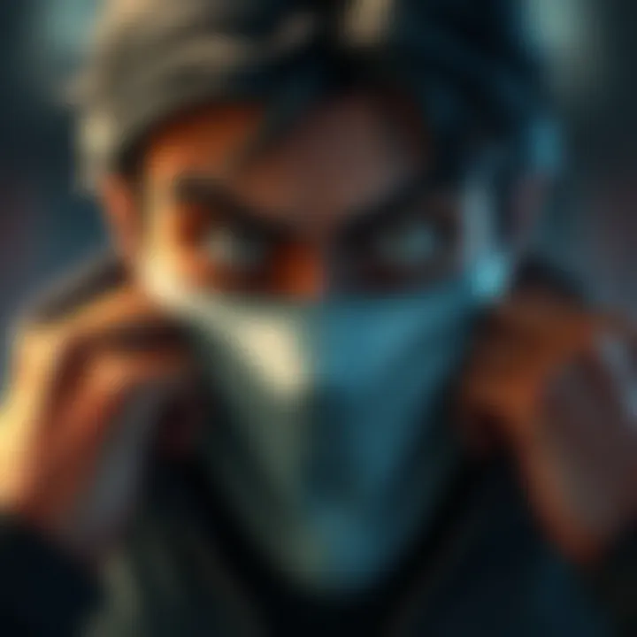 A character removes a mask to reveal their true identity, showing a mix of surprise and determination on their face.