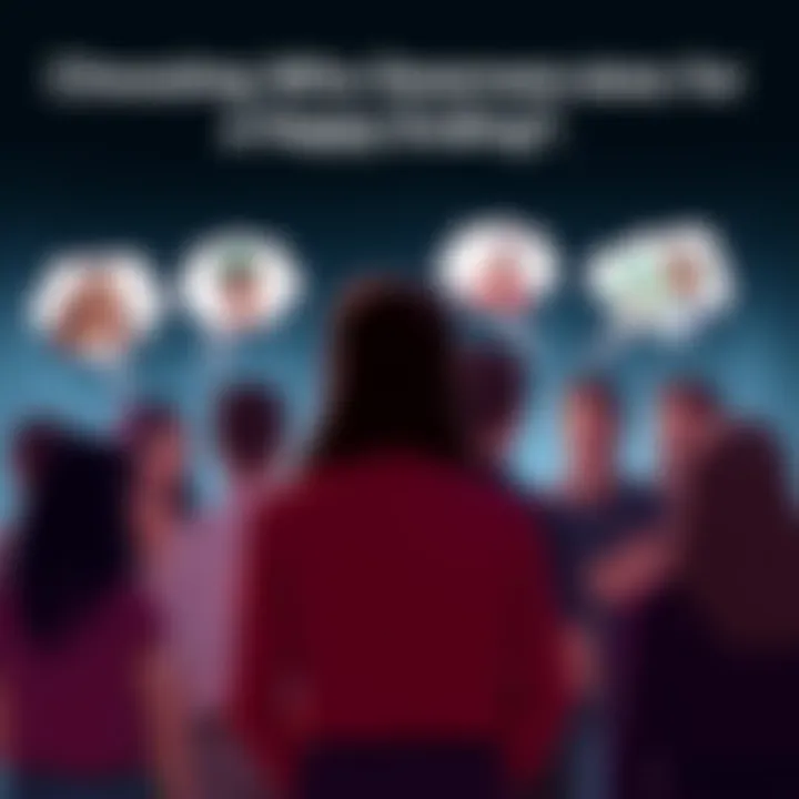 A group of people discussing which character should have a happy ending, with thought bubbles showing different characters.