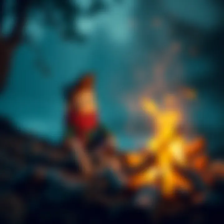A heartfelt character sitting by a cozy campfire, reflecting emotions with a warm glow.