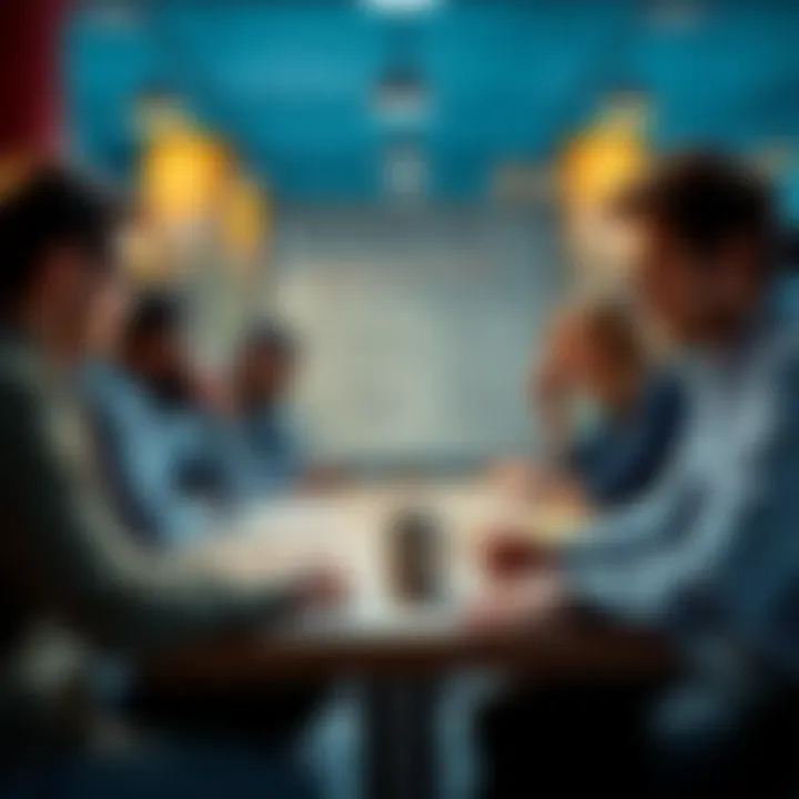 A group of people discussing character strength comparisons around a table, some showing frustration over stat multipliers on a whiteboard.