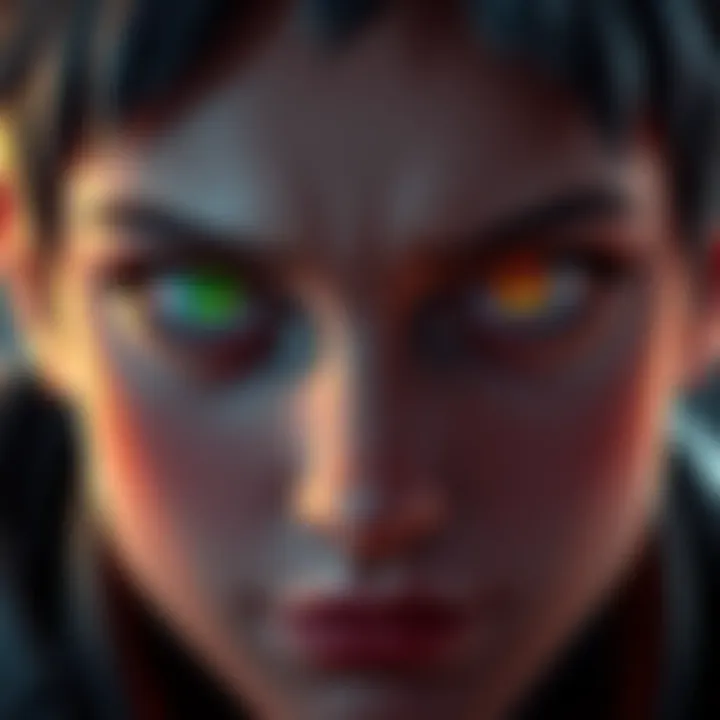 Close-up of a character with vibrant eyes, highlighting the debate over their color