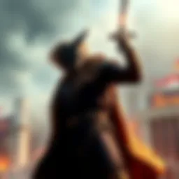 Character Transformation A character evolves from a background role to a heroic figure, holding a sword and standing bravely amidst a battle scene, representing themes of racism and growth.