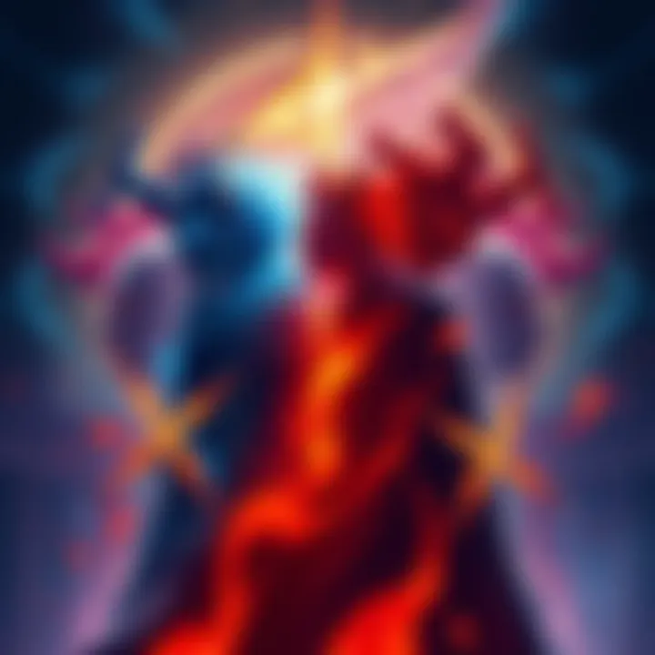 Illustration showing characters in Modulo undergoing changes, symbolizing the clash between good and evil, with a backdrop of religious symbols representing Gege's beliefs.