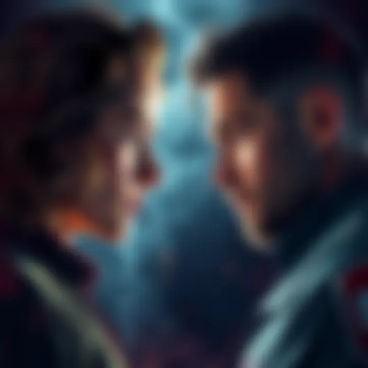 Two characters facing each other, showing contrasting expressions of change and tension, set against a dramatic background