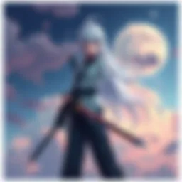 A character with long white hair, a distinct tail, vertical striped pants, and a sword with cloud patterns stands confidently, showcasing a unique style.