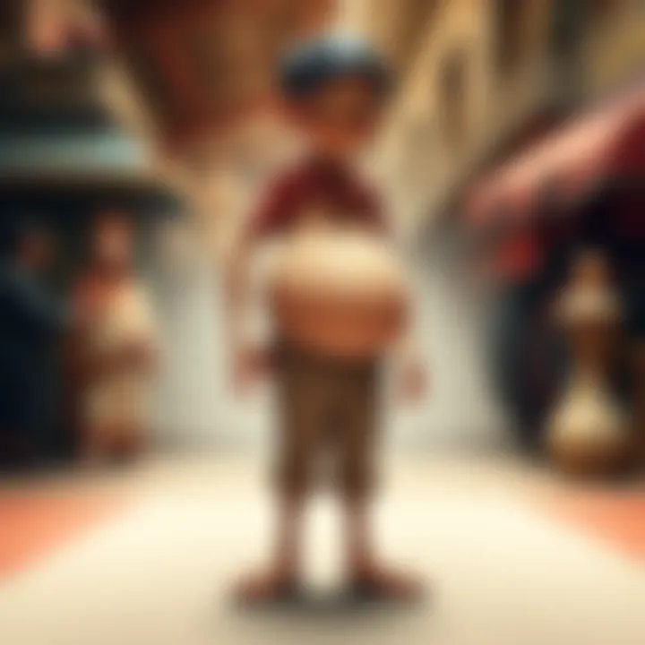 A character stands with a distinct belly that reflects his connection to his parents and heritage, surrounded by symbols of identity and culture.