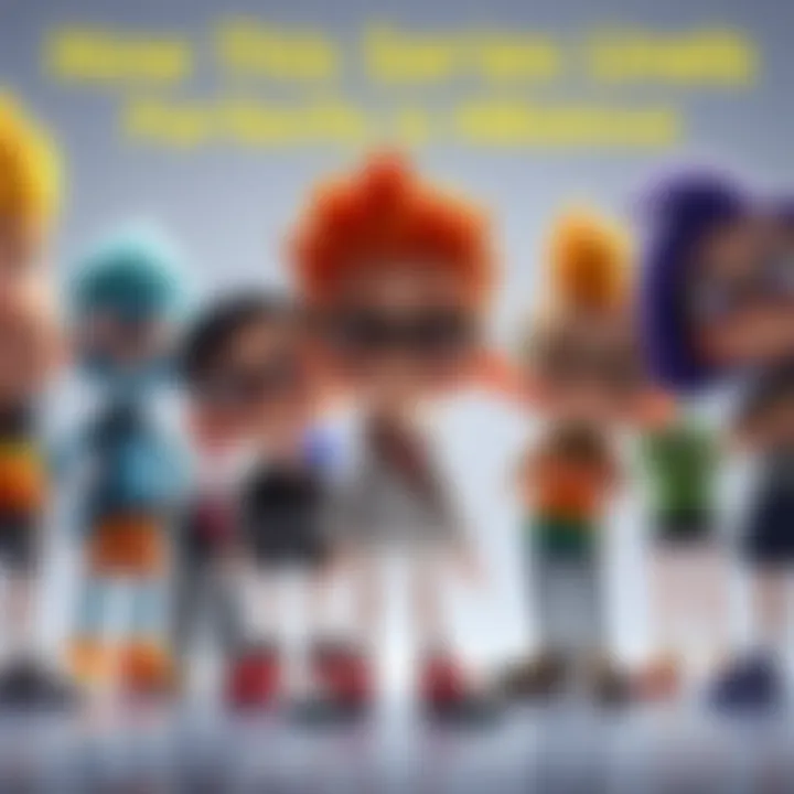 Several animated characters from the series line up perfectly in a funny scene, showcasing their synchronized poses and expressions.