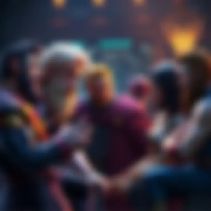 Popular characters from different stories engaging in a lively discussion, showcasing their unique traits and relationships.