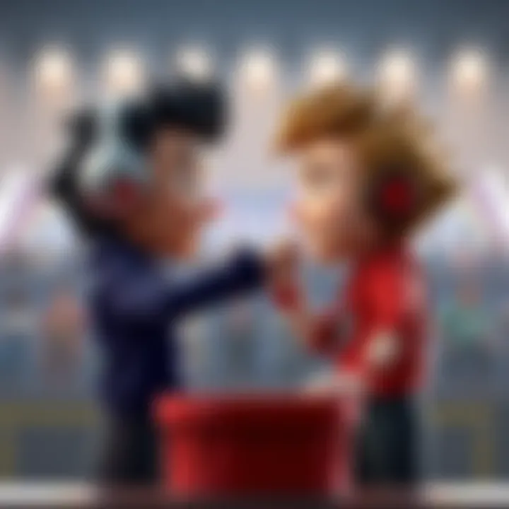 Two animated characters in a playful competition, showcasing various matchups with an audience cheering in the background.